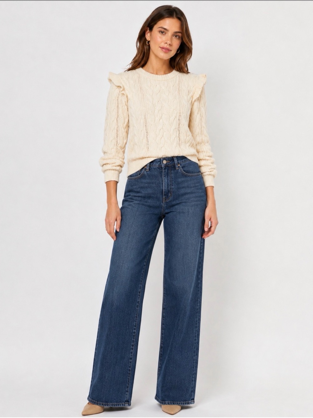 FRAME Ruffle Shoulder Cable Knit Sweater Ivory Cream Size M